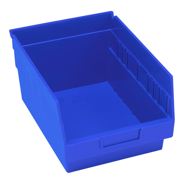A blue plastic bin with a handle.