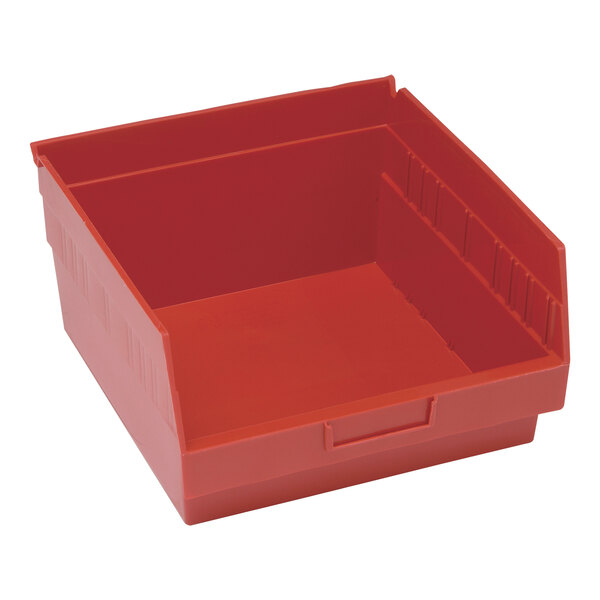 A red Quantum shelf bin with two compartments.
