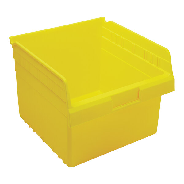 A yellow Quantum STORE-MAX plastic shelf bin.