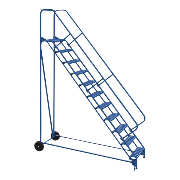 A blue metal Vestil roll-a-fold ladder on wheels.