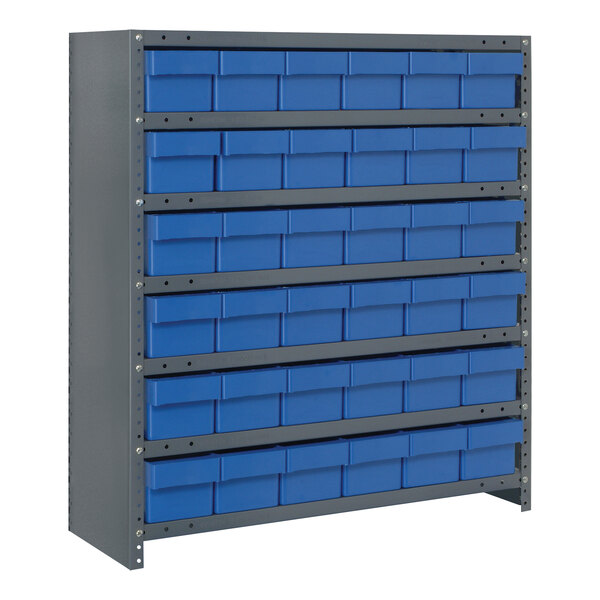 A Quantum steel shelving system with blue bins on shelves.