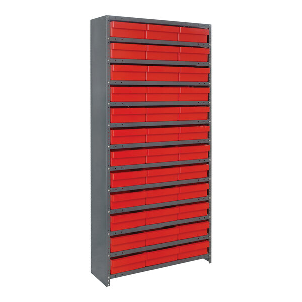 A Quantum red and gray steel drawer shelving system.