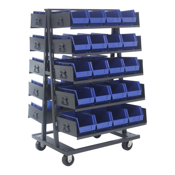 Quantum 40" x 38" x 67" Steel Doubled-Sided Mobile Frame with 10 Open Front Trays and (40) 14 3/4" x 8 1/4" x 7" Blue Bins TTD-OT15-240BL