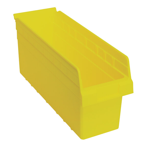 A yellow Quantum plastic shelf bin with two compartments.