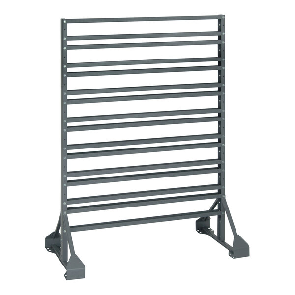 A Quantum gray steel double-sided rack with many metal bars on it.