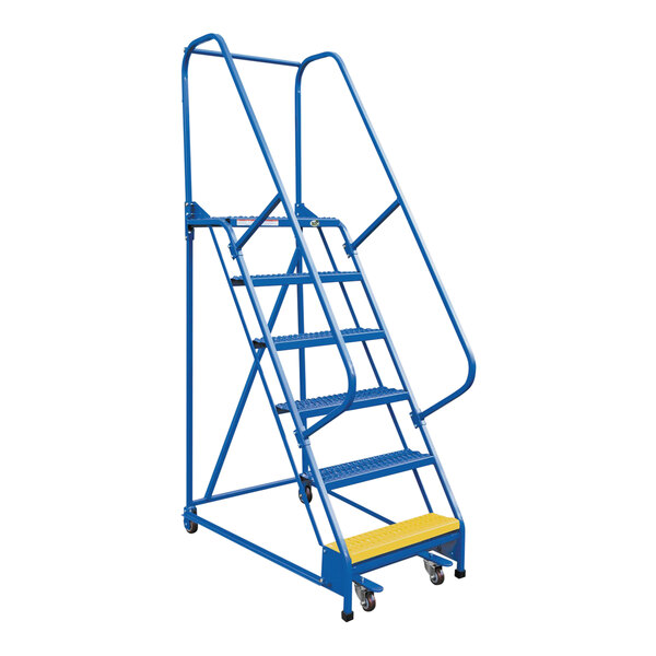 A blue steel Vestil slope ladder with metal steps and yellow grip handles.