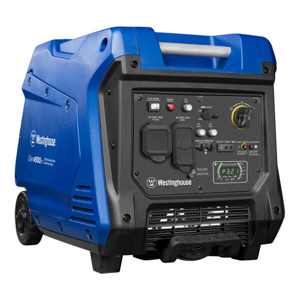 A blue and black Westinghouse iGen4500CV portable inverter generator with a blue cover.