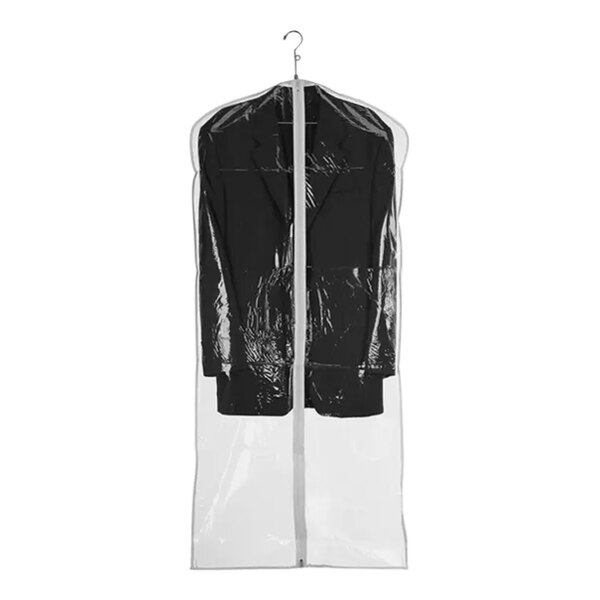 A black jacket in a clear vinyl garment bag with white trim and a zipper.