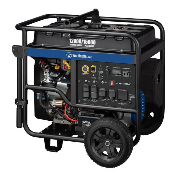 A close-up of a black and blue Westinghouse WGen12000 portable generator with wheels and a blue cover.