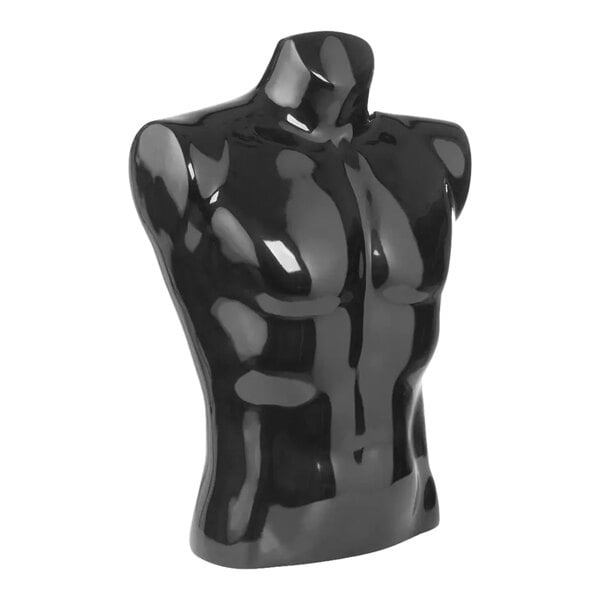 A black fiberglass male torso mannequin.