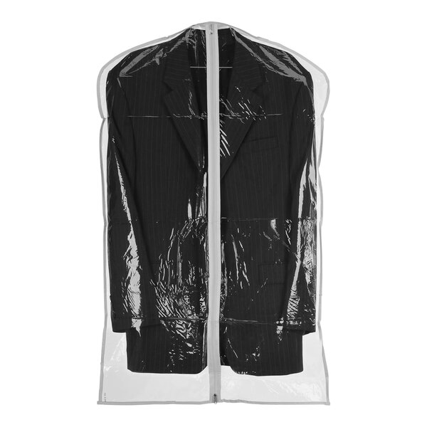 A black suit in a clear plastic Econoco garment bag with white trim.