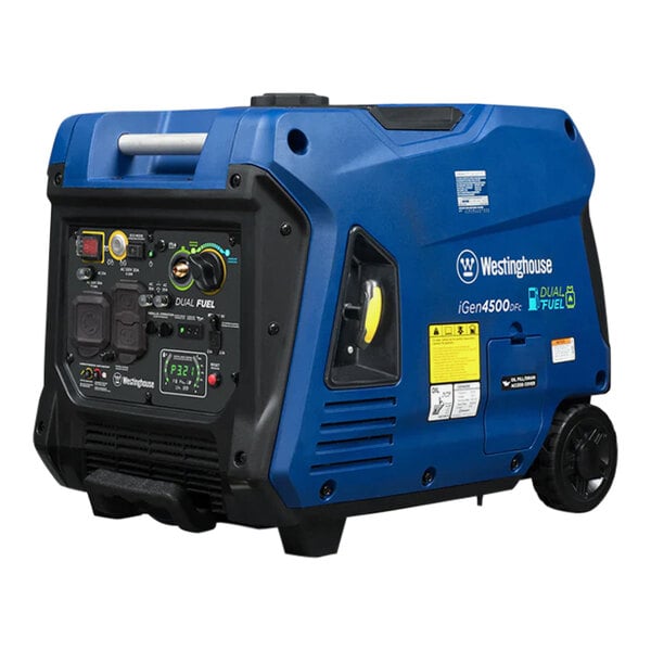 A blue and black Westinghouse portable generator with a blue cover.