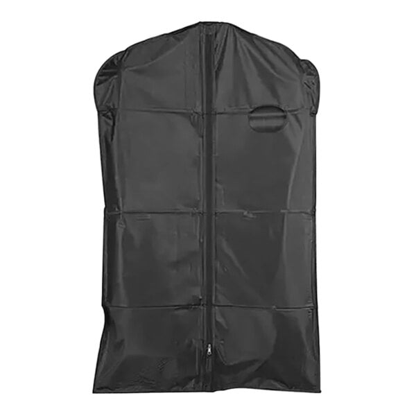 A black polyethylene garment cover with a zipper and oval window.