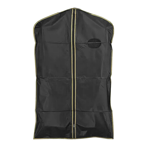A black garment cover with a gold zipper and oval window.