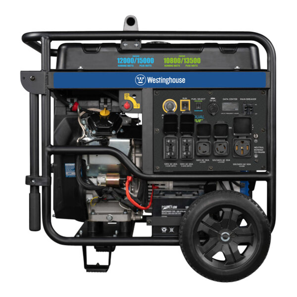 A Westinghouse WGen12000DF portable generator with wheels and a blue cover.