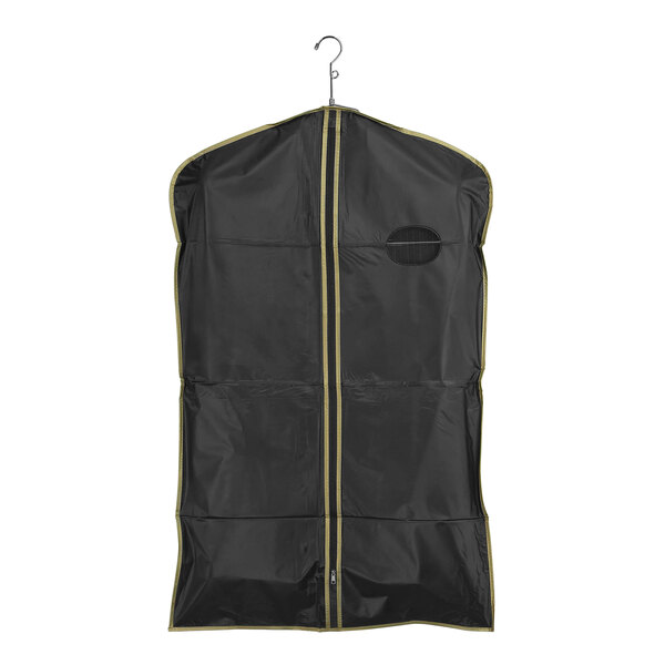 A black Econoco garment bag with gold trim and an oval window.