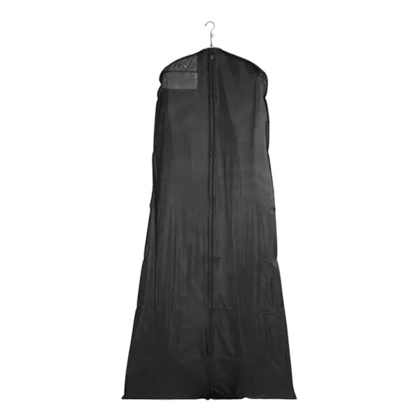 A black Econoco bridal gown cover hanging on a hanger.