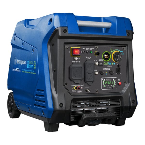 A blue and black Westinghouse iGen4500DFCV portable inverter generator with a blue cover.