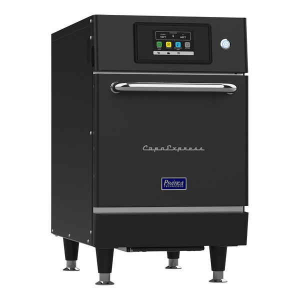 A black Pratica Copa Express high-speed oven with a digital display.