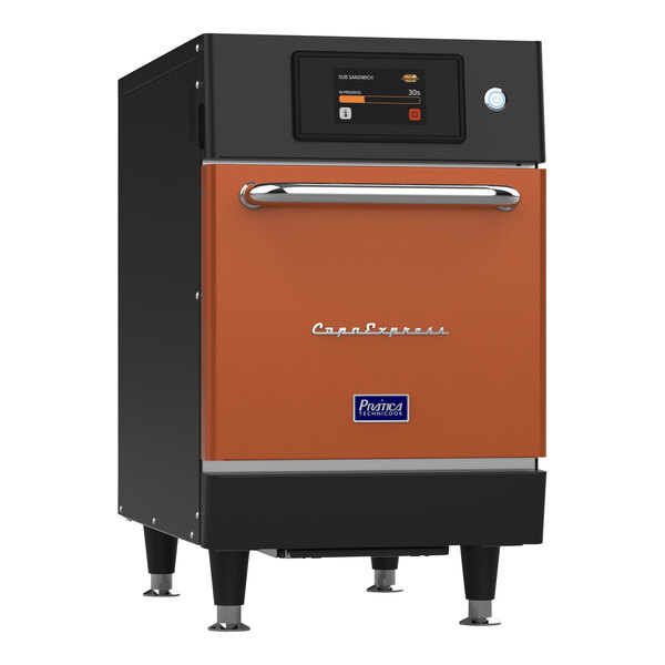 A burnt orange and black Pratica Copa Express high-speed oven with the door open.