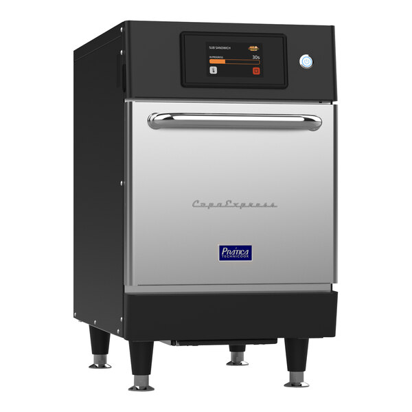 A stainless steel Pratica Copa Express high-speed oven with the door open.
