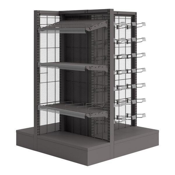 A Wanzl metal wire merchandiser with shelves on it.