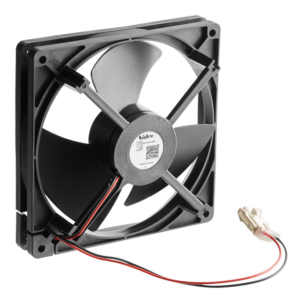 A black square cooling fan with four blades, a central hub, and attached red and black wires ending in a white connector.