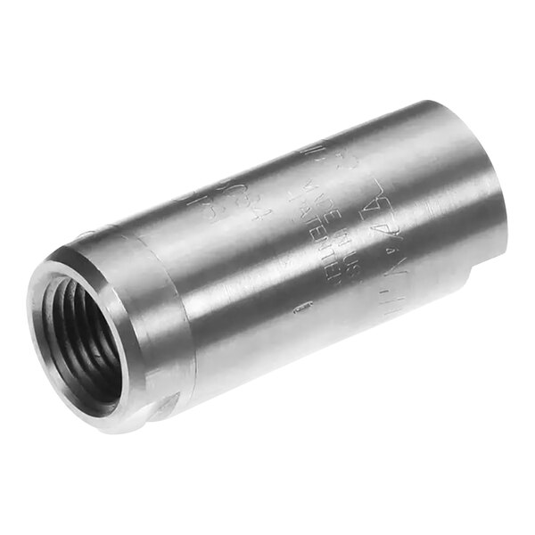 A silver stainless steel threaded cylinder with a nut.