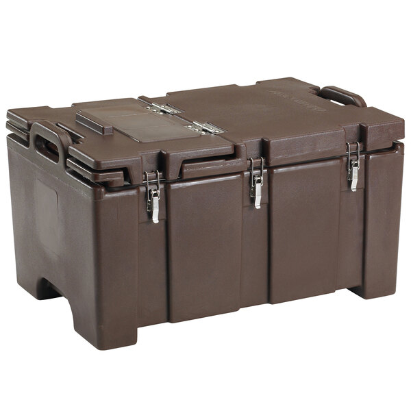 Cambro 100MPCHL131 Camcarrier® 100 Series Dark Brown Top Loading 8" Deep Insulated Food Pan Carrier with Hinged Lid
