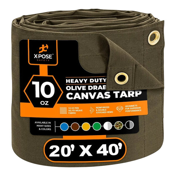 Xpose Safety 20' x 40' Olive Drab Heavy-Duty Weatherproof 10 oz. Poly Canvas Tarp CTOD10-2040