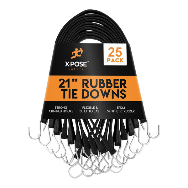 Xpose Safety 21" Black Heavy-Duty EPDM Rubber Tie Down Bungee Cords with Hooks TSEP-21-25 - 25/Pack