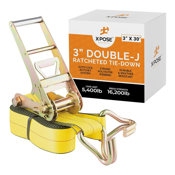 Xpose Safety 3" x 30' Yellow Heavy-Duty Ratcheting Tie Down Straps with Double J-Hooks RTD330-DJH-1-X