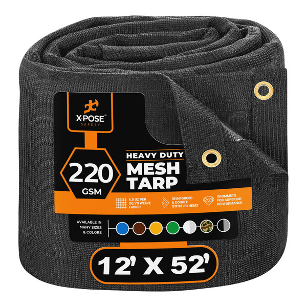 Xpose Safety 12' x 52' Black HeavyDuty Weatherproof 6.5 oz. Multipurpose Mesh Tarp BMT1252