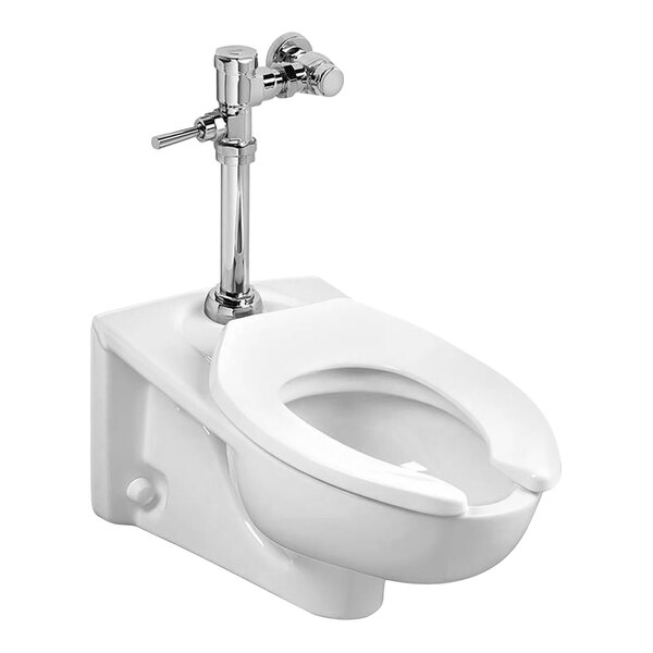 An American Standard wall-mount toilet with a manual flush valve.