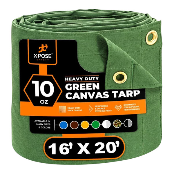 Xpose Safety 16' x 20' Green HeavyDuty Weatherproof 10 oz. Poly Canvas
