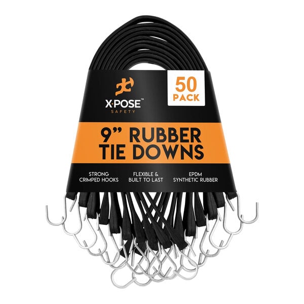 Xpose Safety Black Heavy-Duty Natural Rubber Tie Down Bungee Cords with Hooks - 50/Pack