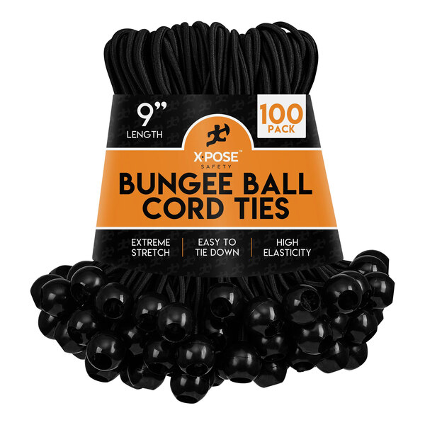 Xpose Safety 9" Black Heavy-Duty Bungee Ball Cords BB-9B-100 - 100/Pack