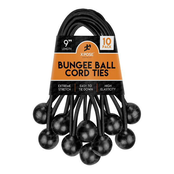 Xpose Safety 9" Black Heavy-Duty Bungee Ball Cords BB-9B-10 - 10/Pack