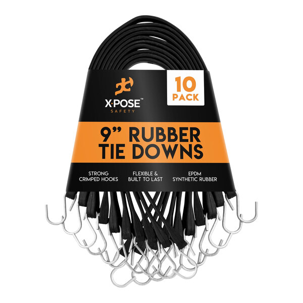 Xpose Safety 9" Black Heavy-Duty EPDM Rubber Tie Down Bungee Cords with Hooks TSEP-9-10 - 10/Pack