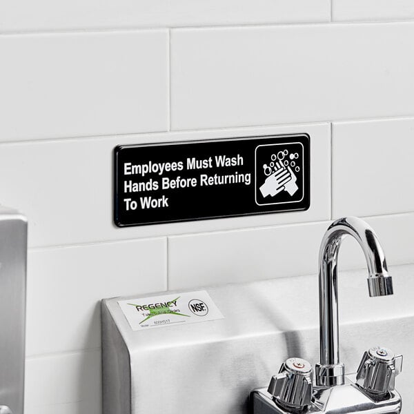 Lavex Employees Must Wash Hands Before Returning to Work Sign - Black and White, 9" x 3"