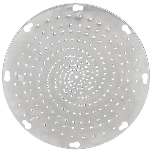 A circular metal Hobart shredder plate with holes in it.