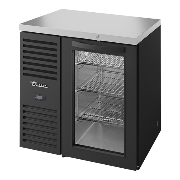 True TBR32RISZ1LBG1 32" Black Glass Door Narrow Back Bar Refrigerator with LED Lighting