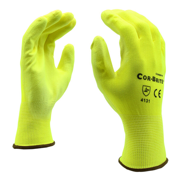 Cordova Cor-Brite Hi-Vis Yellow Polyester Gloves with Hi-Vis Yellow Polyurethane Palm Coating - Medium - 12/Pack