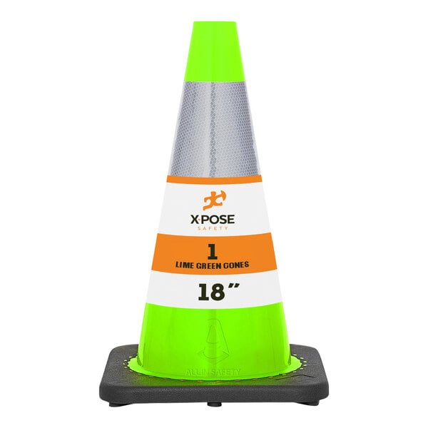 Xpose Safety 18" Lime Green Heavy-Duty PVC Traffic Cone with 3 lb. Base and Single Reflective Collar LTC18-6-1-X
