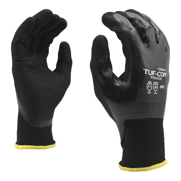 Cordova Tuf-Cor Touch Black 13 Gauge Polyester Touchscreen Gloves with 2-Ply Nitrile Coating - Extra Large - 12/Pack