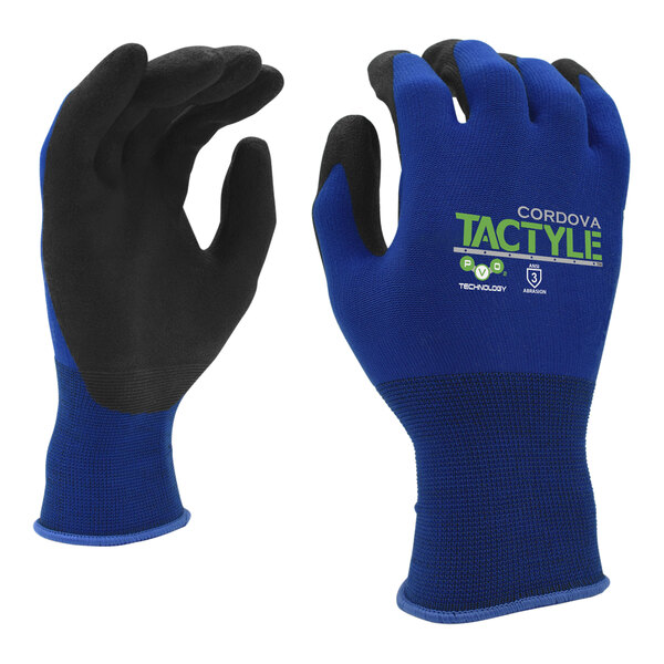 Cordova Tactyle 15 Gauge Blue Nylon Gloves with Black PVO2 Technology Palm Coating - Extra Large - 12/Pack
