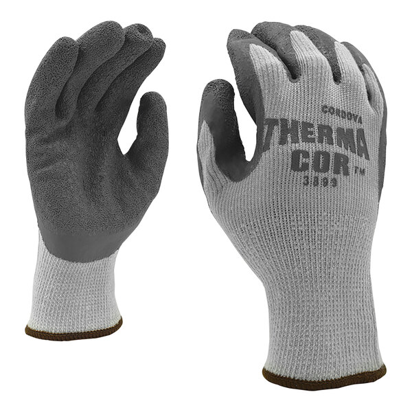 Cordova Therma-Cor Gray 10 Gauge Thermal Terry Gloves with Gray Crinkle Latex Palm Coating - 12/Pack
