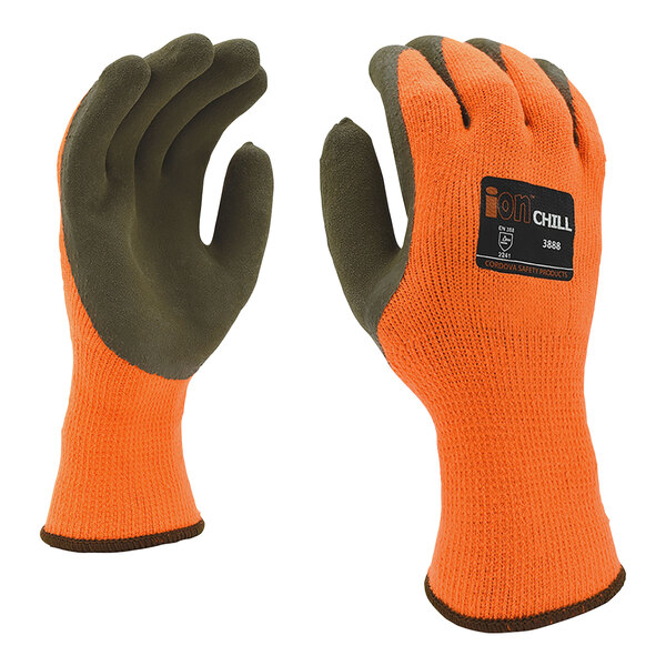 Cordova ION-CHILL Hi-Vis Orange 10 Gauge Thermal Terry Gloves with Brown Sandy Latex Palm - 12/Pack