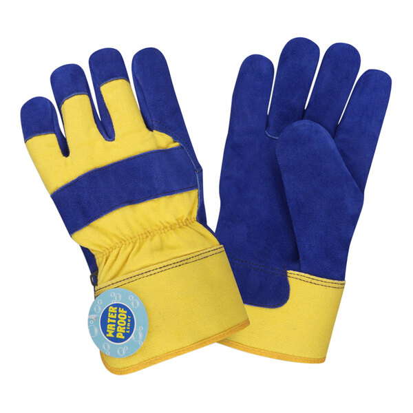 Cordova Yellow Canvas Work Gloves with Blue Split Cowhide Leather Palm Coating and Thinsulate and Waterproof Lining - 12/Pack