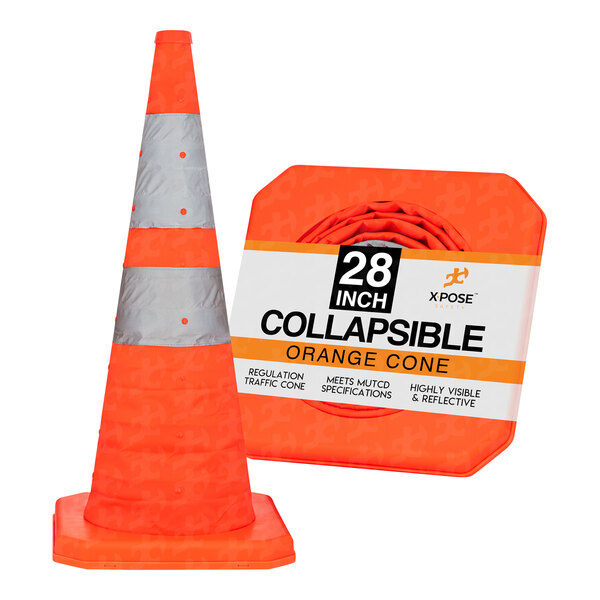 Xpose Safety 28" Orange Heavy-Duty Collapsible Traffic Safety Cone with Base and Double Reflective Collars CTC28-1-X